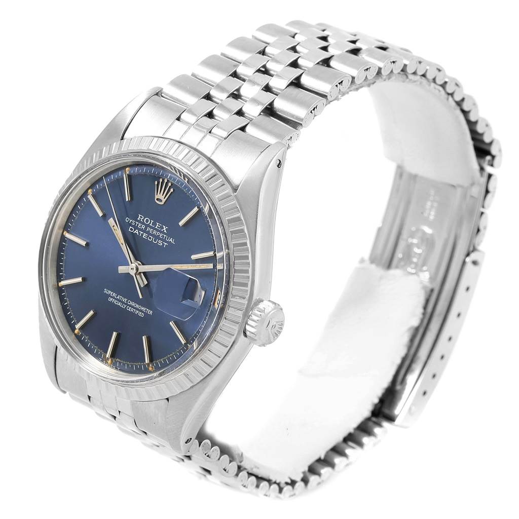 The image shows a side view of the Rolex Vintage Collection 1603 Men's Stainless Steel Blue Dial 1603 Men's Stainless Steel Blue Dial model, featuring the watch face, bezel, crown, and bracelet.