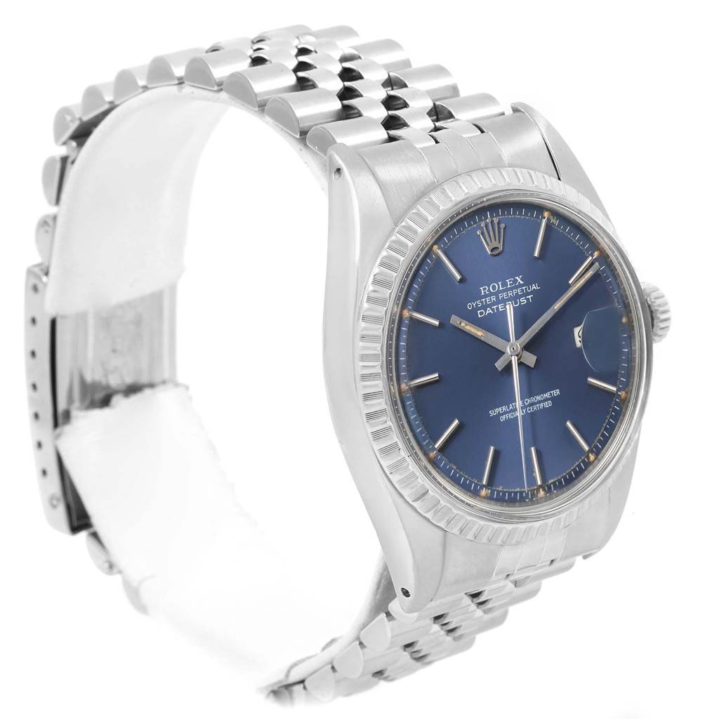 This image shows a Rolex Vintage Collection 1603 Men's Stainless Steel Blue Dial 1603 Men's Stainless Steel Blue Dial Datejust watch from a front angled view, highlighting the dial, bezel, and part of the bracelet.