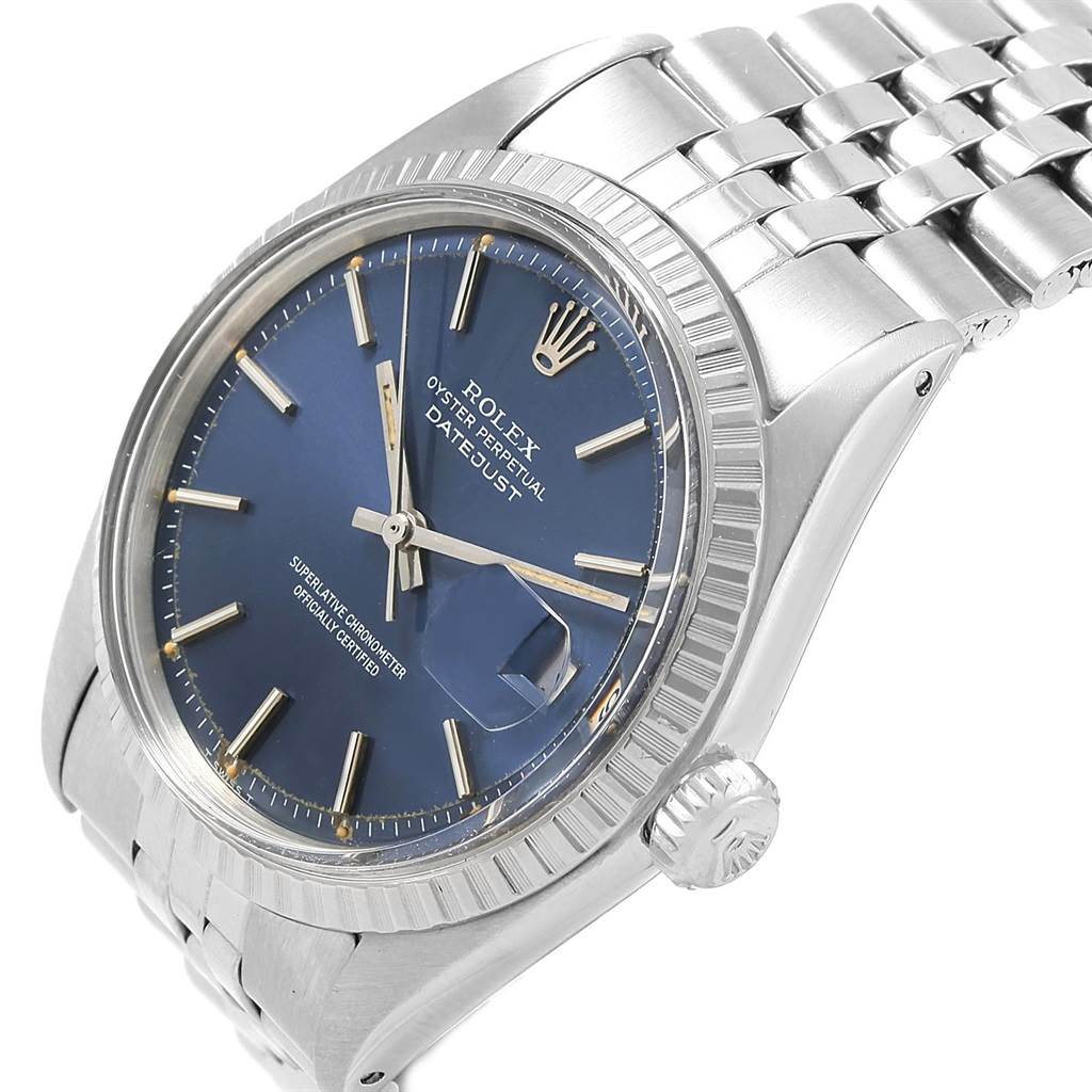 The image shows a Rolex Vintage Collection 1603 Men's Stainless Steel Blue Dial 1603 Men's Stainless Steel Blue Dial Oyster Perpetual Datejust watch at a slight angle, focusing on the dial, bezel, crown, and bracelet.
