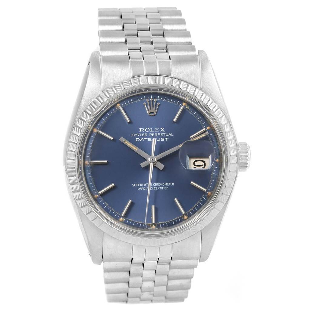 The image shows a front view of a Rolex Vintage Collection 1603 Men's Stainless Steel Blue Dial 1603 Men's Stainless Steel Blue Dial Oyster Perpetual Datejust watch, highlighting its blue dial and stainless steel bracelet.