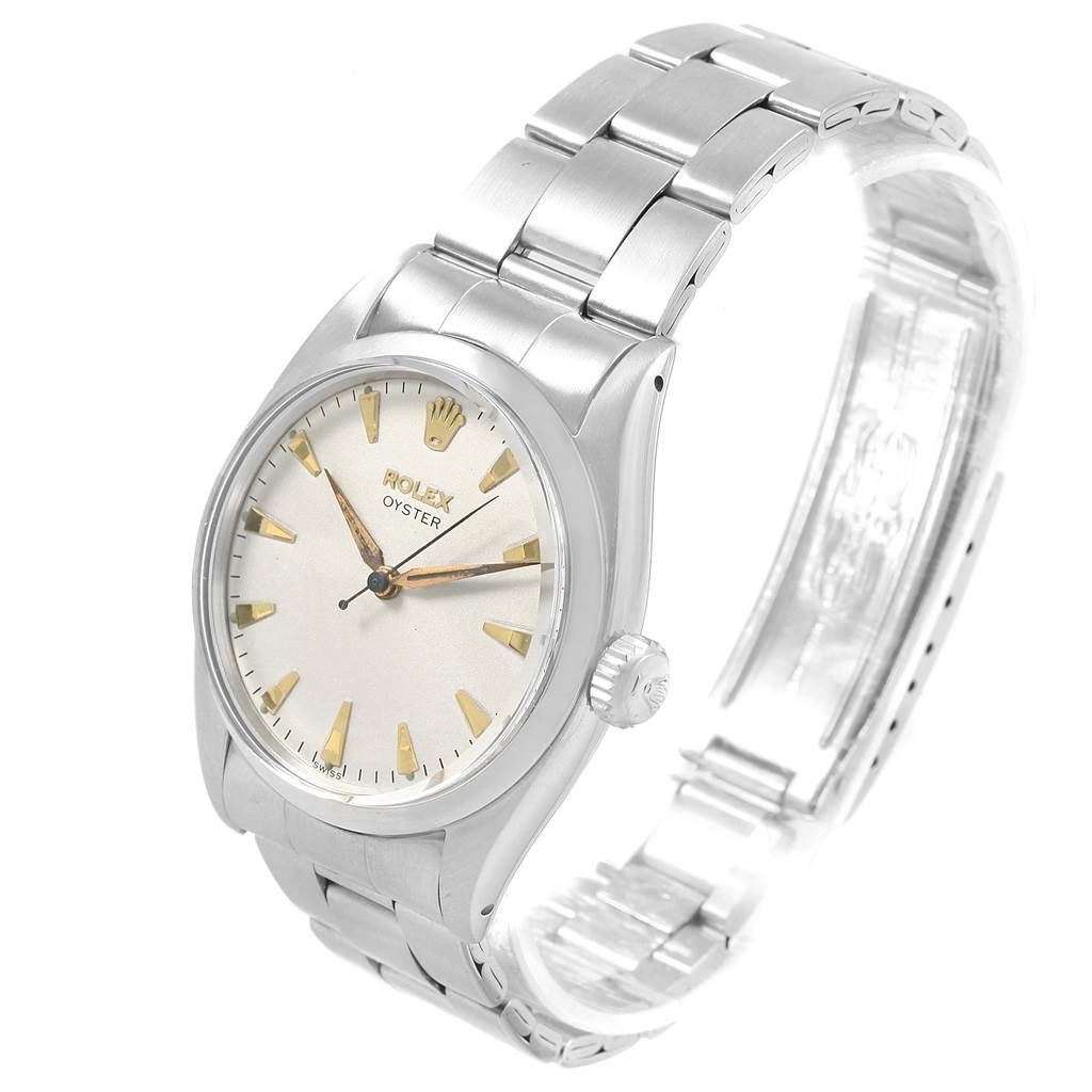 The Rolex Vintage Collection 6422 Men's Stainless Steel Silver Dial 6422 Men's Stainless Steel Silver Dial watch is shown at an angle displaying the face, crown, and partially open bracelet.