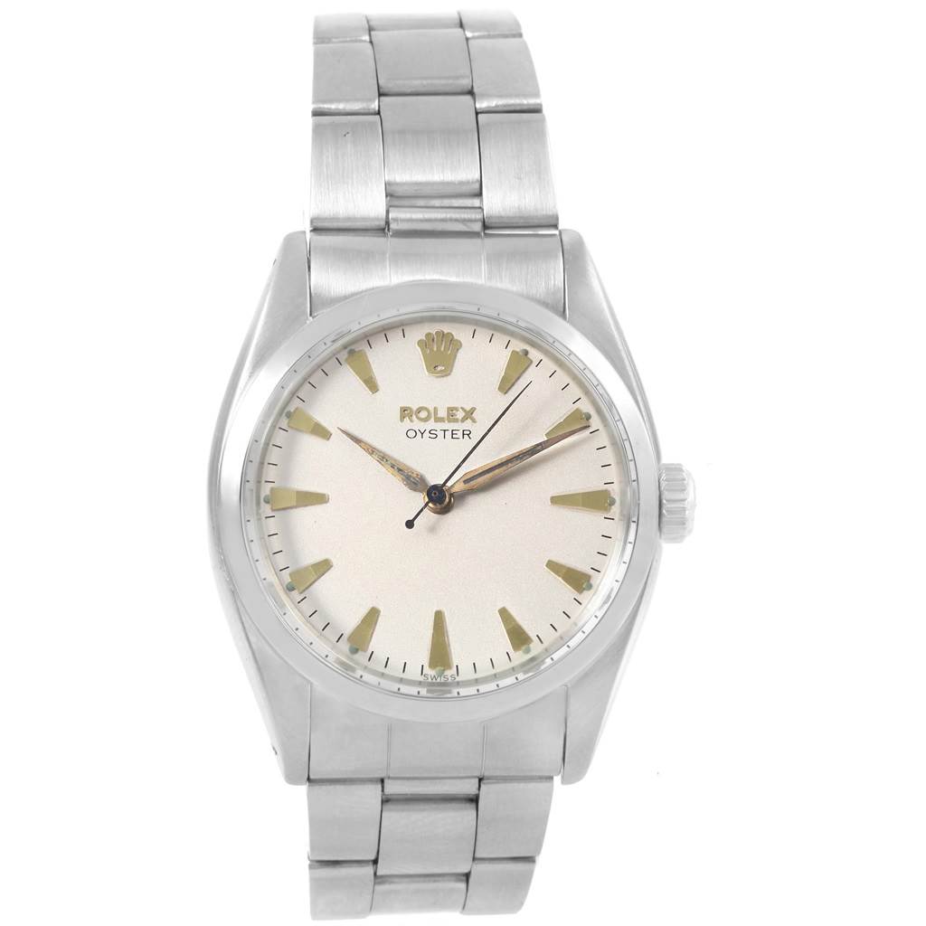 The image shows a front view of a Rolex Vintage Collection 6422 Men's Stainless Steel Silver Dial 6422 Men's Stainless Steel Silver Dial Oyster watch, displaying the face, hour markers, hands, and metal bracelet.