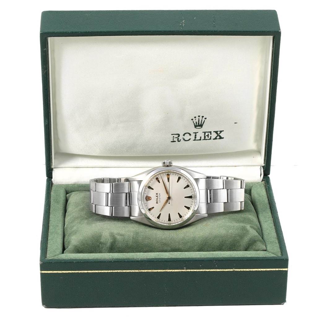 The Rolex Vintage Collection 6422 Men's Stainless Steel Silver Dial 6422 Men's Stainless Steel Silver Dial watch is shown from the front, placed in an open green display box.