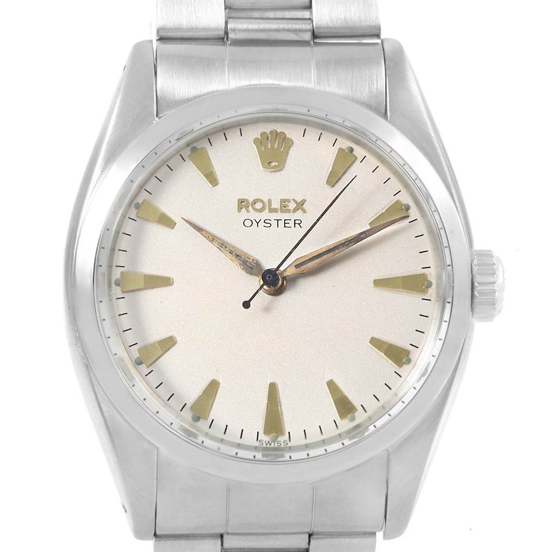 Rolex Oyster Silver Dial Smooth Bezel Steel Vintage Mens Watch 6422 SwissWatchExpo