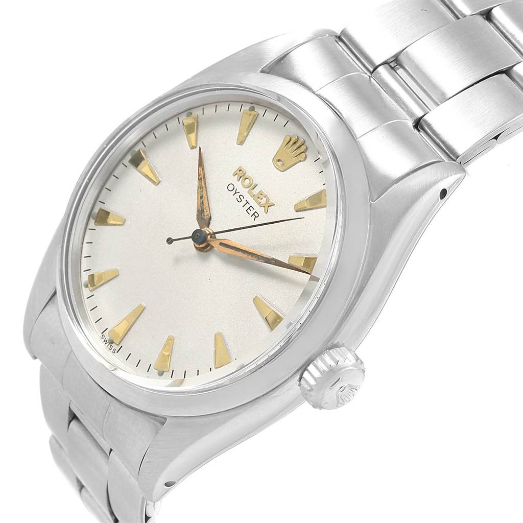 The Rolex Vintage Collection 6422 Men's Stainless Steel Silver Dial 6422 Men's Stainless Steel Silver Dial watch is shown at an angled view, displaying the face, crown, and part of the metal bracelet.