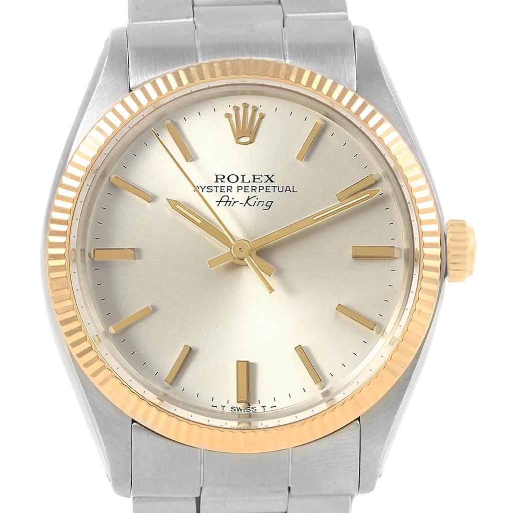 The image shows a front view of the Rolex Vintage Collection 5501 Men's Steel and Gold (two tone) Silver Dial 5501 Men's Steel and Gold (two tone) Silver Dial Oyster Perpetual Air-King watch, including the dial, bezel, crown, and part of the bracelet.
