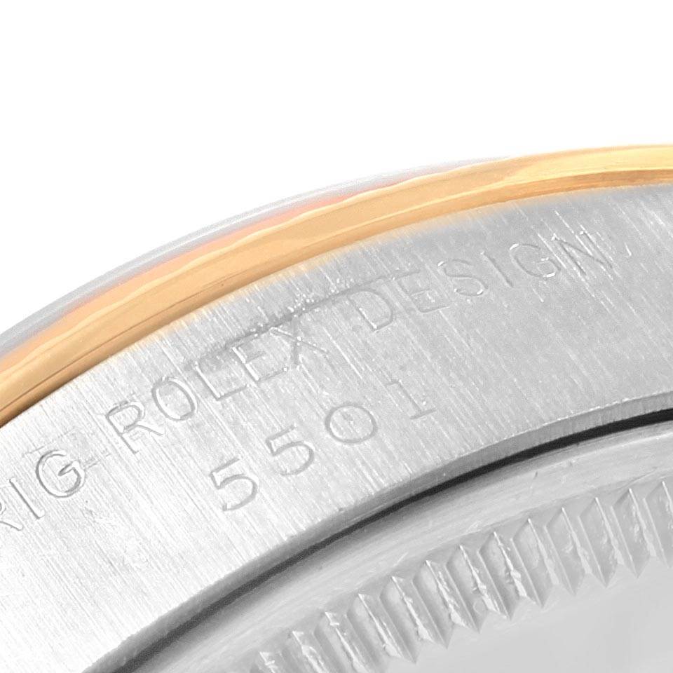 The image shows a close-up of the bezel and part of the case back, revealing the model number of the Rolex Vintage Collection 5501 Men's Steel and Gold (two tone) Silver Dial 5501 Men's Steel and Gold (two tone) Silver Dial watch.