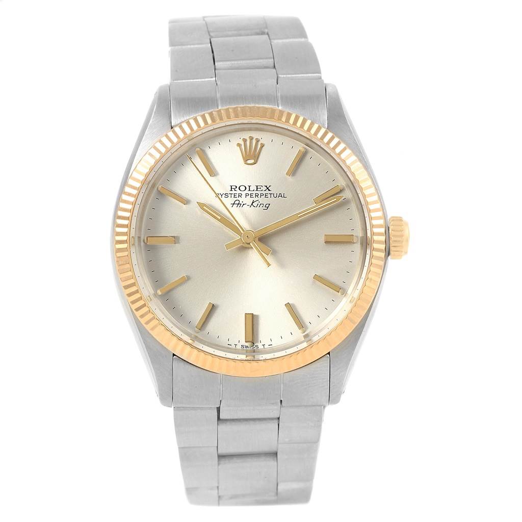 The image shows a front view of the Rolex Air-King Vintage Collection watch, highlighting its silver and gold dial and bracelet.