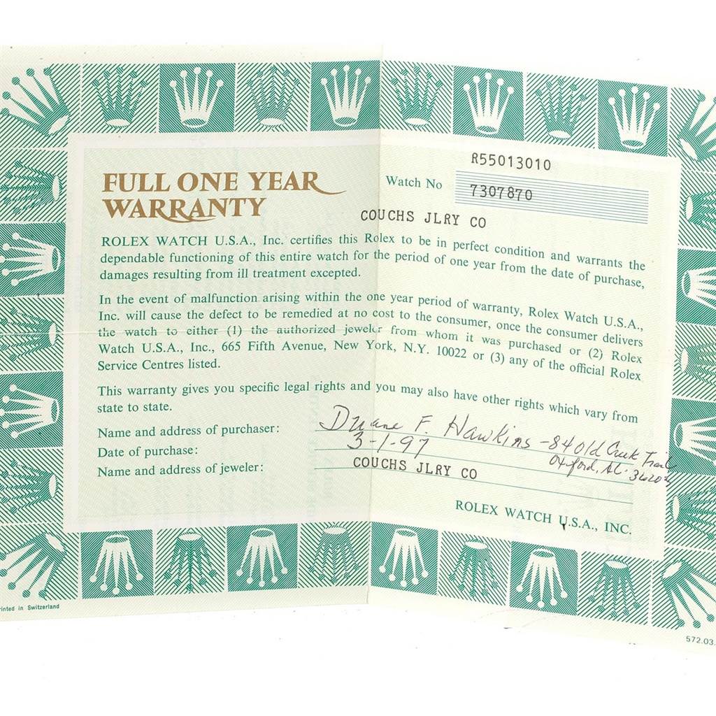 The image shows a warranty card for a Vintage Collection model by Rolex, including purchase details and warranty information.