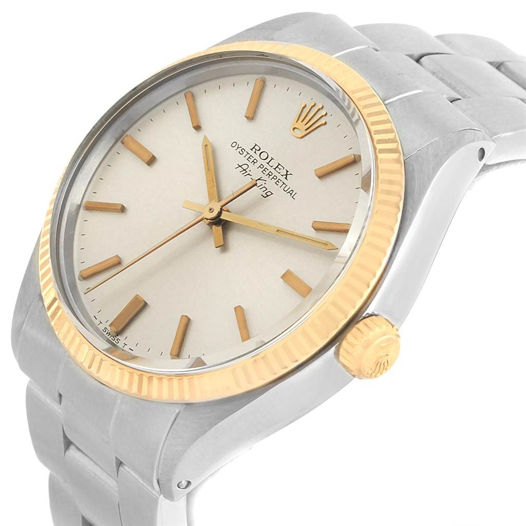 The Rolex Vintage Collection 5501 Men's Steel and Gold (two tone) Silver Dial 5501 Men's Steel and Gold (two tone) Silver Dial model is shown at a three-quarter angle, highlighting its face, bezel, crown, and part of the bracelet.