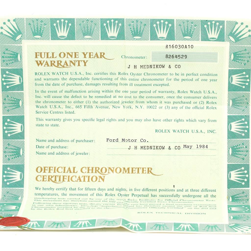 The image shows a one-year warranty and official chronometer certification for a Rolex Vintage Collection 16030 Men's Stainless Steel Silver Dial 16030 Men's Stainless Steel Silver Dial model.