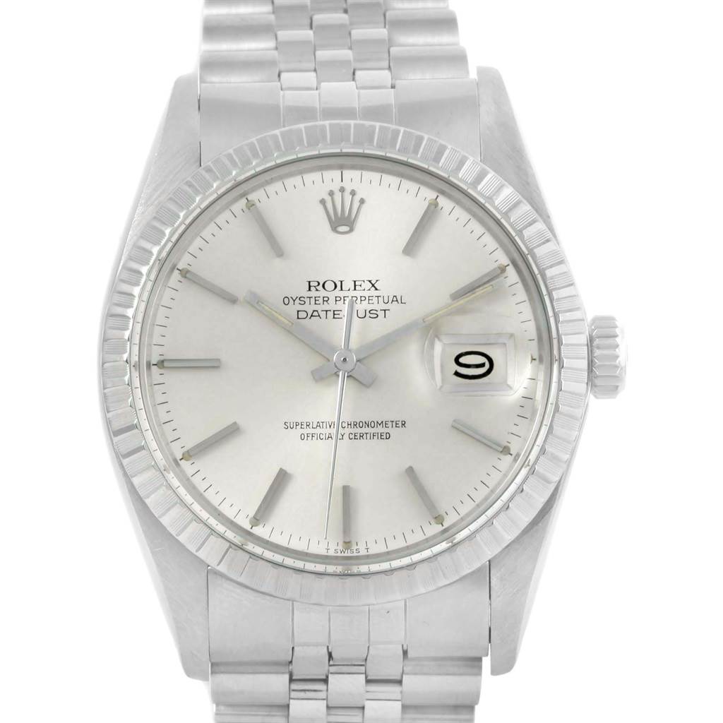 This image shows a front view of the Rolex Vintage Collection 16030 Men's Stainless Steel Silver Dial 16030 Men's Stainless Steel Silver Dial Oyster Perpetual Datejust watch, displaying its dial, hands, and bracelet.