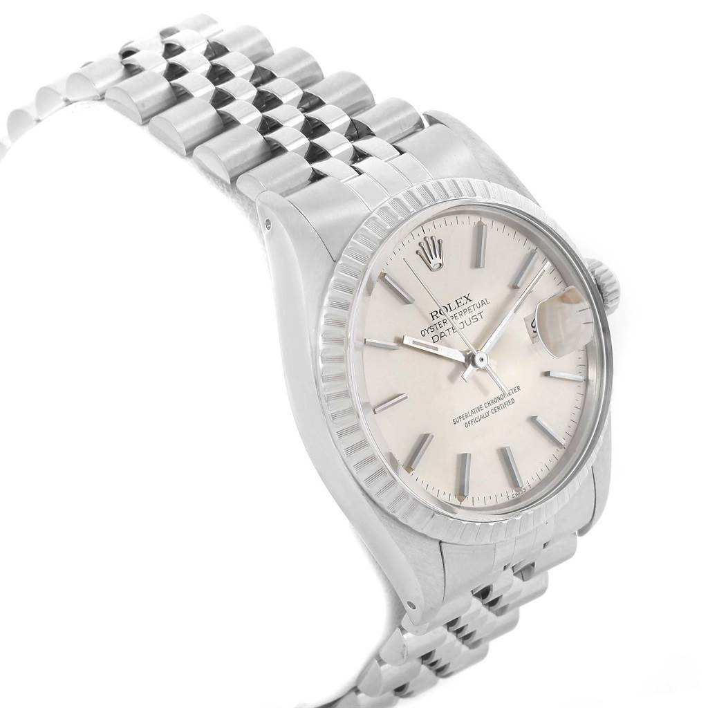 The image shows a side angle view of the Rolex Vintage Collection 16030 Men's Stainless Steel Silver Dial 16030 Men's Stainless Steel Silver Dial watch, highlighting the face, bezel, and metal bracelet.
