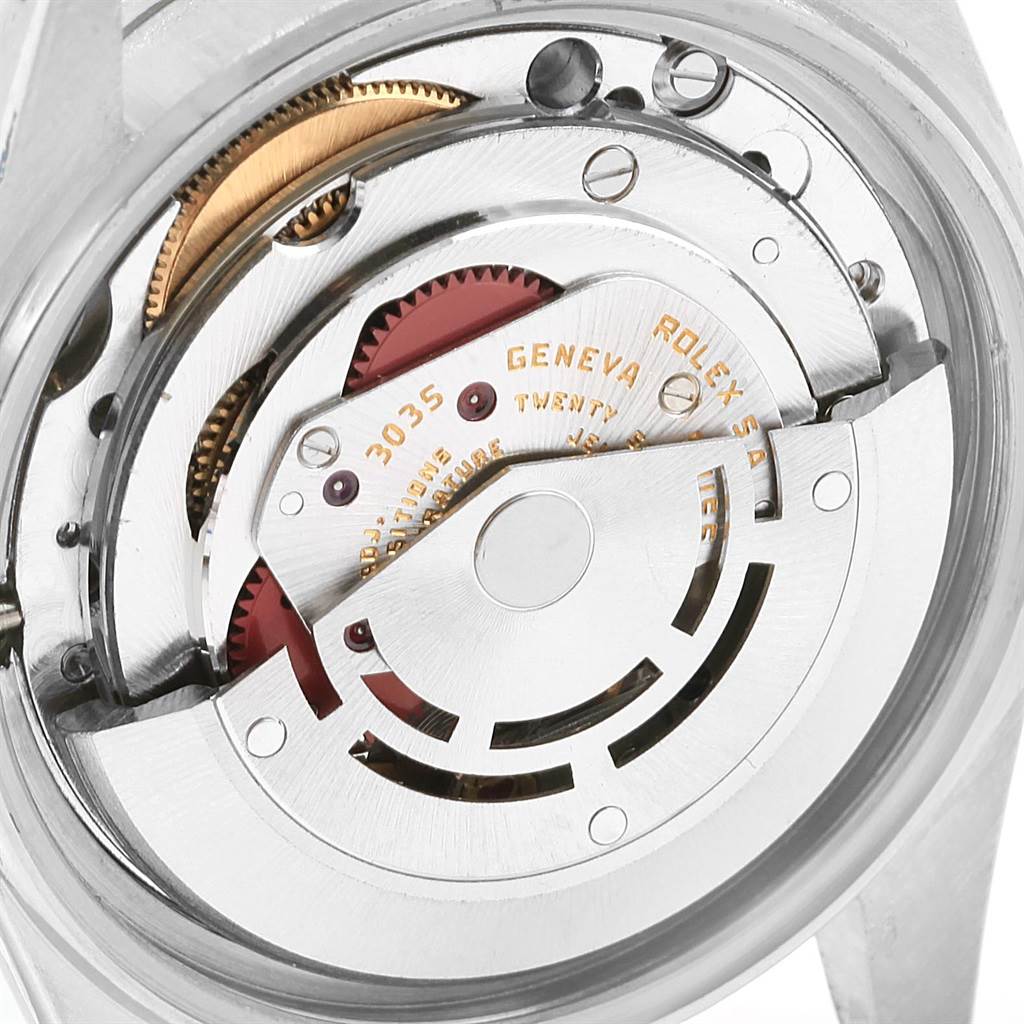 This close-up angle shows the intricate internal mechanism of the Vintage Collection model by Rolex.