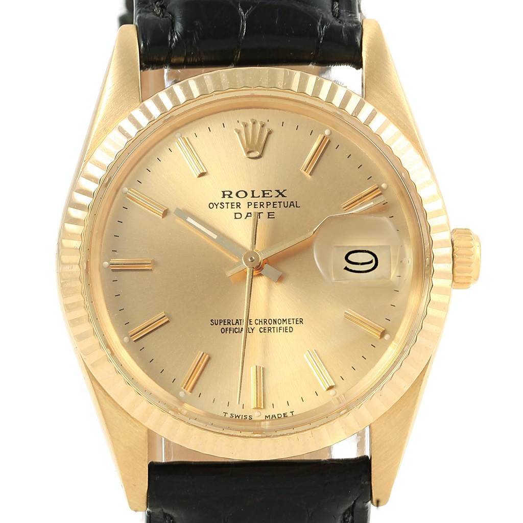 The image shows a front view of the Rolex Vintage Collection 15037 Men's Yellow Gold Champagne Dial 15037 Men's Yellow Gold Champagne Dial model watch, displaying the dial, hands, bezel, crown, and part of the black leather strap.