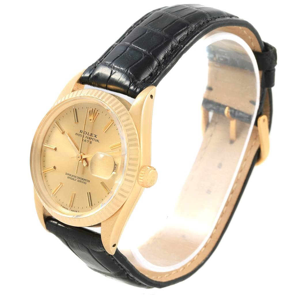 This Vintage Collection Rolex watch is shown at a three-quarter angle, displaying the watch face, crown, and black leather strap.