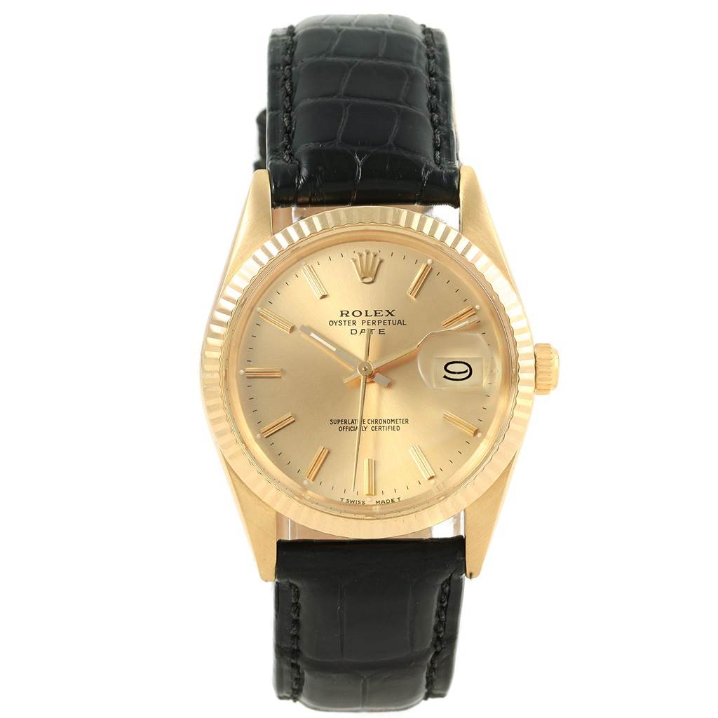 This image shows a front view of the Rolex Vintage Collection 15037 Men's Yellow Gold Champagne Dial 15037 Men's Yellow Gold Champagne Dial watch with a gold dial and a black leather strap.