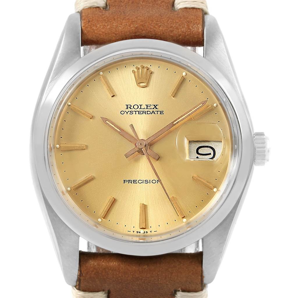 The image shows a front view of a Vintage Collection Rolex Oysterdate Precision watch with a tan leather strap.