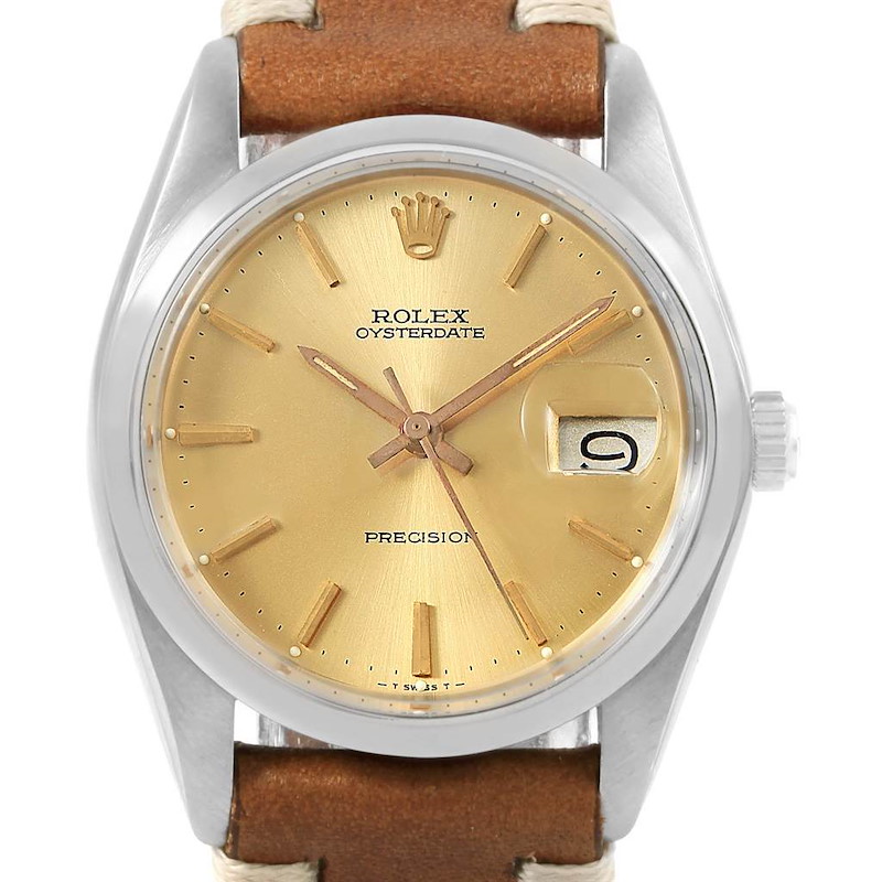 Rolex OysterDate Precision Brown Strap Steel Vintage Mens Watch 6694 SwissWatchExpo