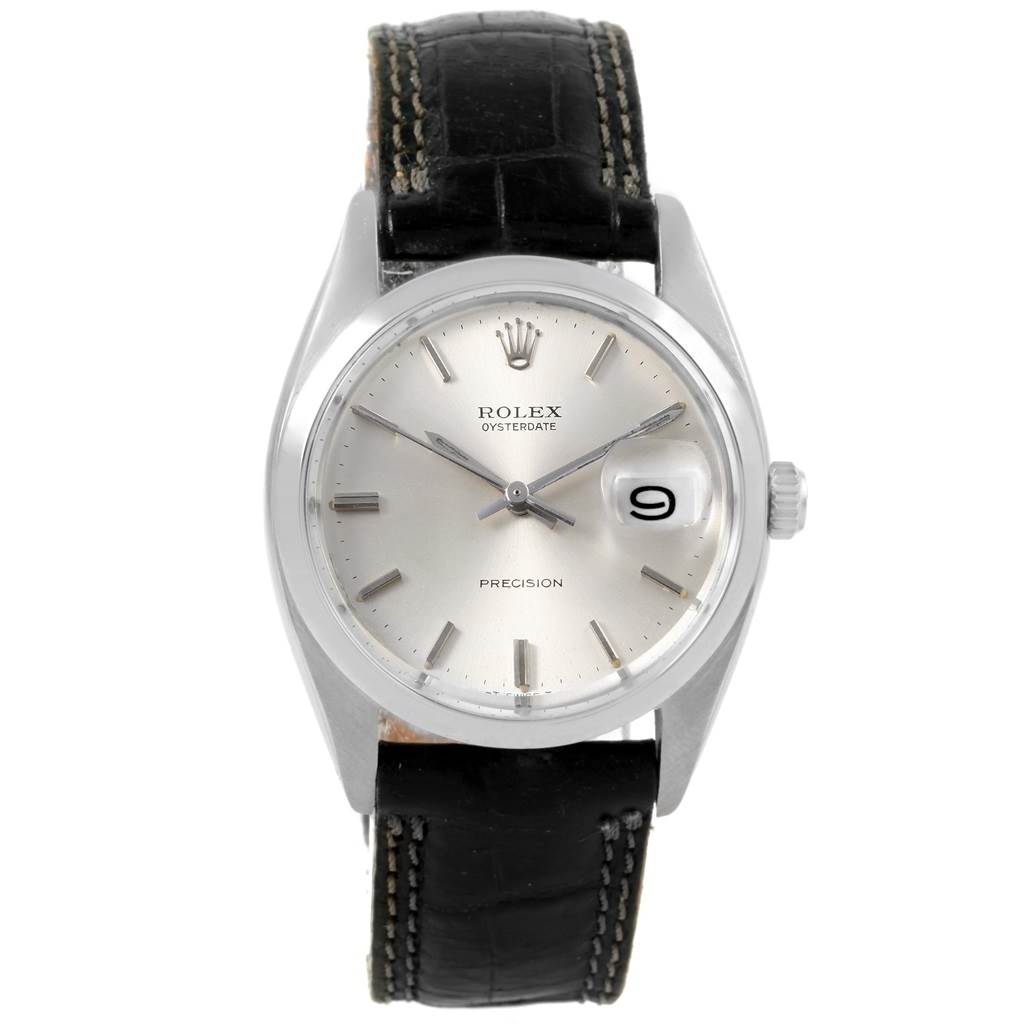 The image shows a front view of a Vintage Collection Rolex Oysterdate watch with a silver dial and a black leather strap.