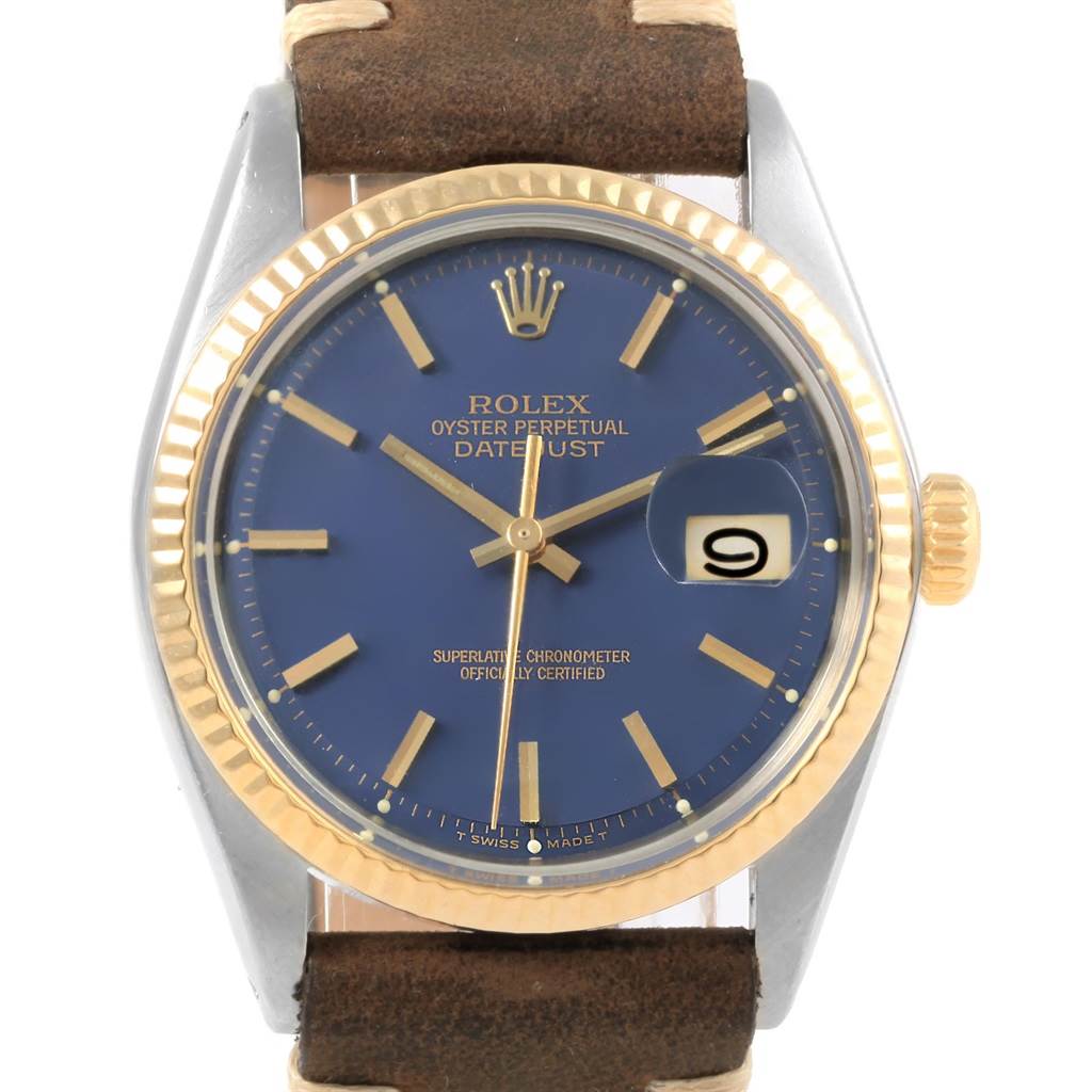 The image shows a frontal view of the Rolex Vintage Collection 1601 Men's Steel and Gold (two tone) Blue Dial 1601 Men's Steel and Gold (two tone) Blue Dial Datejust watch, highlighting its blue dial, gold accents, and leather strap.