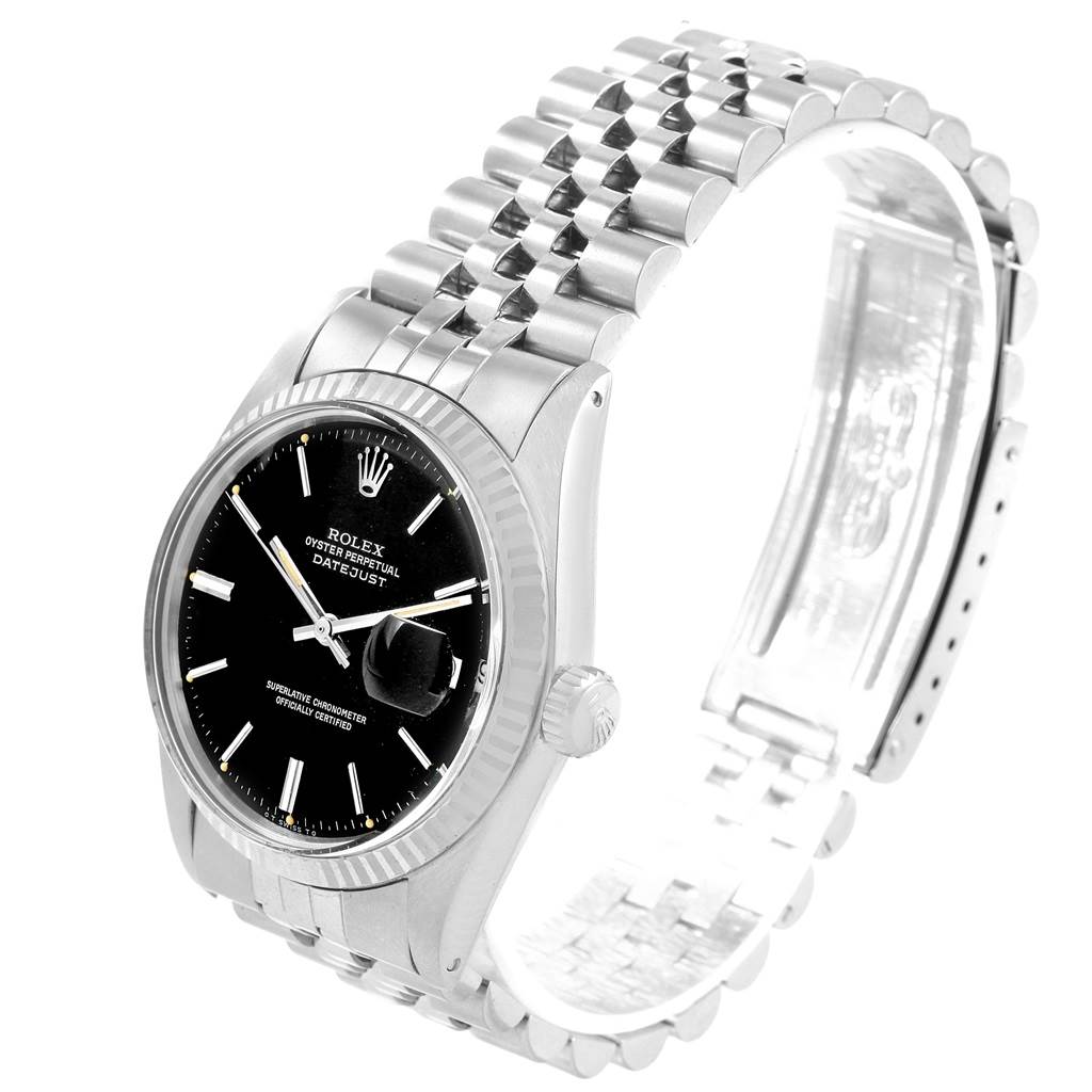 The Rolex Vintage Collection 1601 Men's Stainless Steel Black Dial 1601 Men's Stainless Steel Black Dial model watch is shown at a three-quarter angle, displaying its face, bezel, crown, and part of the bracelet.