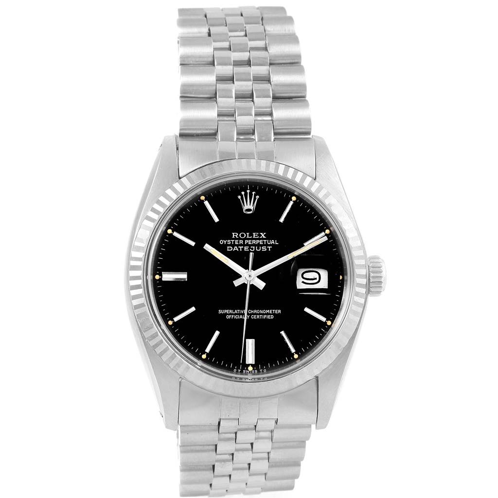 This image shows the front view of a Rolex Vintage Collection 1601 Men's Stainless Steel Black Dial 1601 Men's Stainless Steel Black Dial Datejust watch, highlighting the black dial, fluted bezel, and jubilee bracelet.