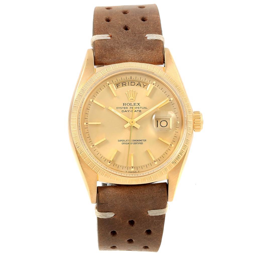 This image shows a frontal view of a Rolex Vintage Collection 1807 Men's Yellow Gold Champagne Dial 1807 Men's Yellow Gold Champagne Dial watch with a brown leather strap and gold dial.