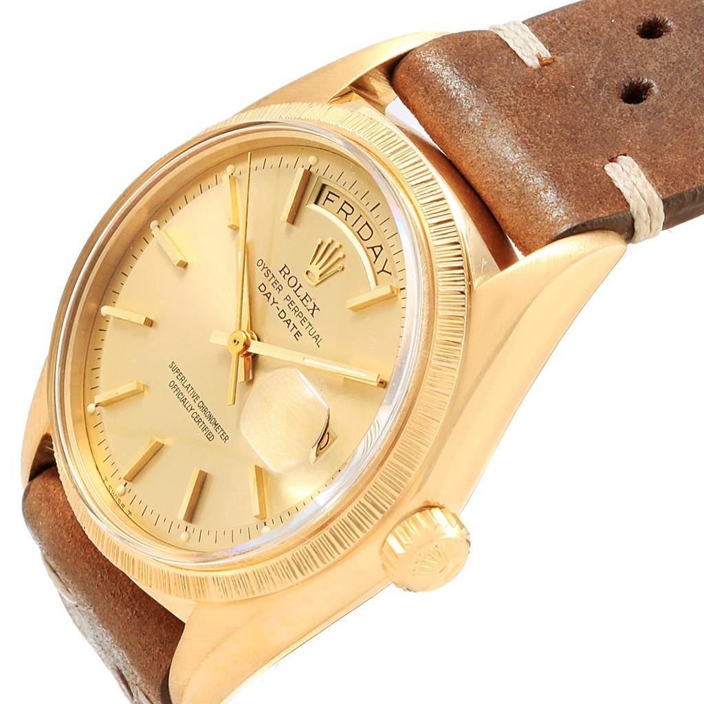 The Rolex Vintage Collection 1807 Men's Yellow Gold Champagne Dial 1807 Men's Yellow Gold Champagne Dial watch is shown at an angled close-up, highlighting the dial, bezel, crown, and leather strap.