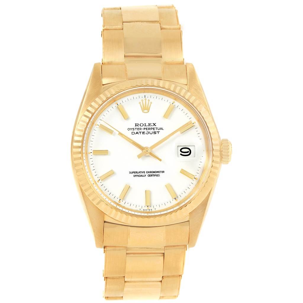 This is a frontal view of a Rolex Vintage Collection 1601 Men's Yellow Gold White Dial 1601 Men's Yellow Gold White Dial Datejust watch, showing the face, bezel, and bracelet.
