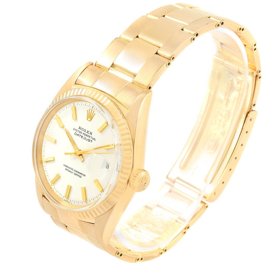 The Rolex Vintage Collection 1601 Men's Yellow Gold White Dial 1601 Men's Yellow Gold White Dial model watch is shown at an angled side view displaying the face, case, and bracelet.