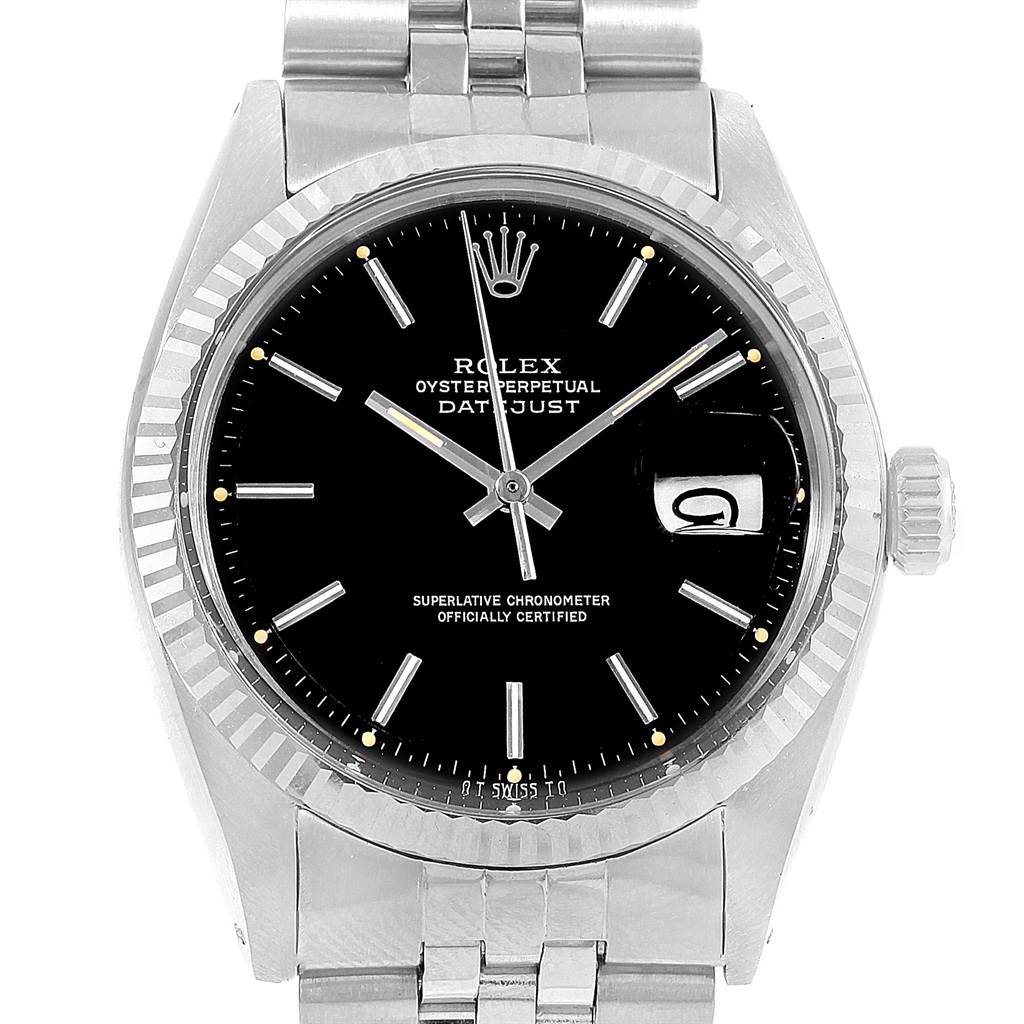 The image shows a frontal view of a Rolex Vintage Collection 1601 Men's Stainless Steel Black Dial 1601 Men's Stainless Steel Black Dial Oyster Perpetual Datejust watch, highlighting the dial and bracelet.