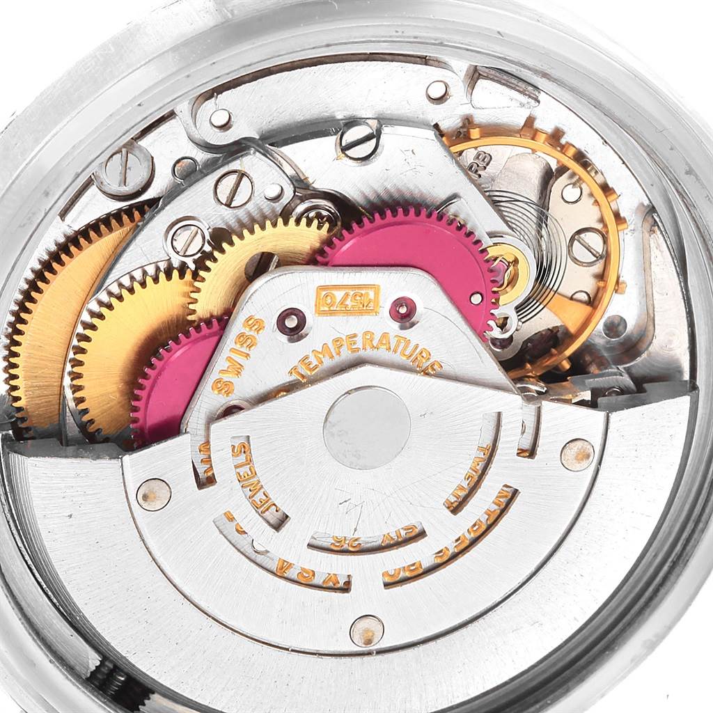 This image shows the intricate internal mechanism of the Rolex Vintage Collection 1601 Men's Stainless Steel Black Dial 1601 Men's Stainless Steel Black Dial watch from a close-up angle.