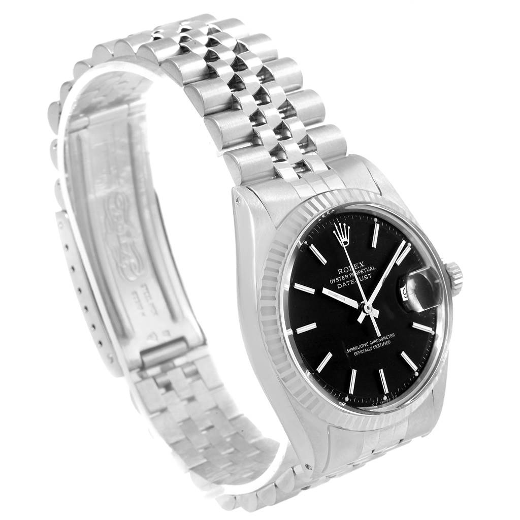 The Rolex Vintage Collection 1601 Men's Stainless Steel Black Dial 1601 Men's Stainless Steel Black Dial model is shown at an angle highlighting its black dial, metallic bracelet, and side crown.