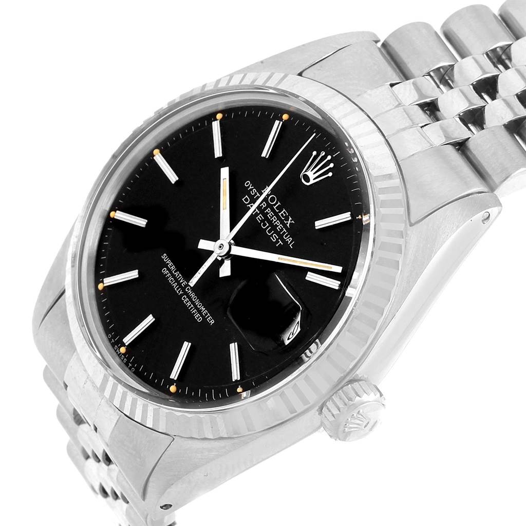 This image shows the Rolex Vintage Collection 1601 Men's Stainless Steel Black Dial 1601 Men's Stainless Steel Black Dial watch at a slight angle, highlighting its face, bezel, crown, and bracelet.