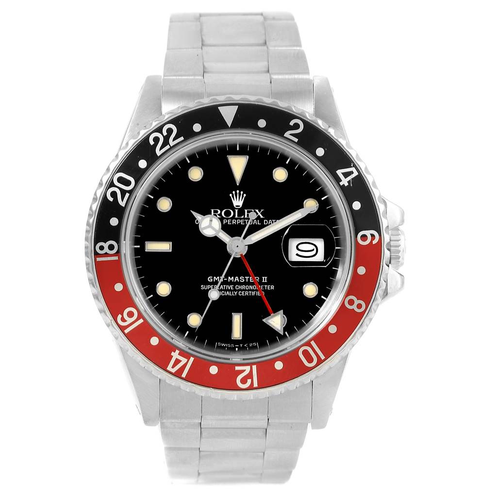 This image shows a frontal view of the Rolex Vintage Collection 16760 Men's Stainless Steel Black Dial 16760 Men's Stainless Steel Black Dial GMT-Master II watch, highlighting its dial, bezel, and bracelet.