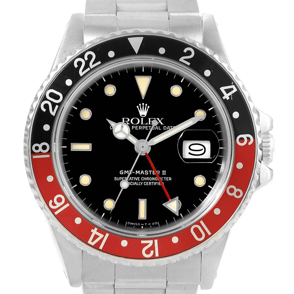 This image shows a front view of the Rolex Vintage Collection 16760 Men's Stainless Steel Black Dial 16760 Men's Stainless Steel Black Dial GMT-Master II watch, displaying its face, bezel, and part of the bracelet.