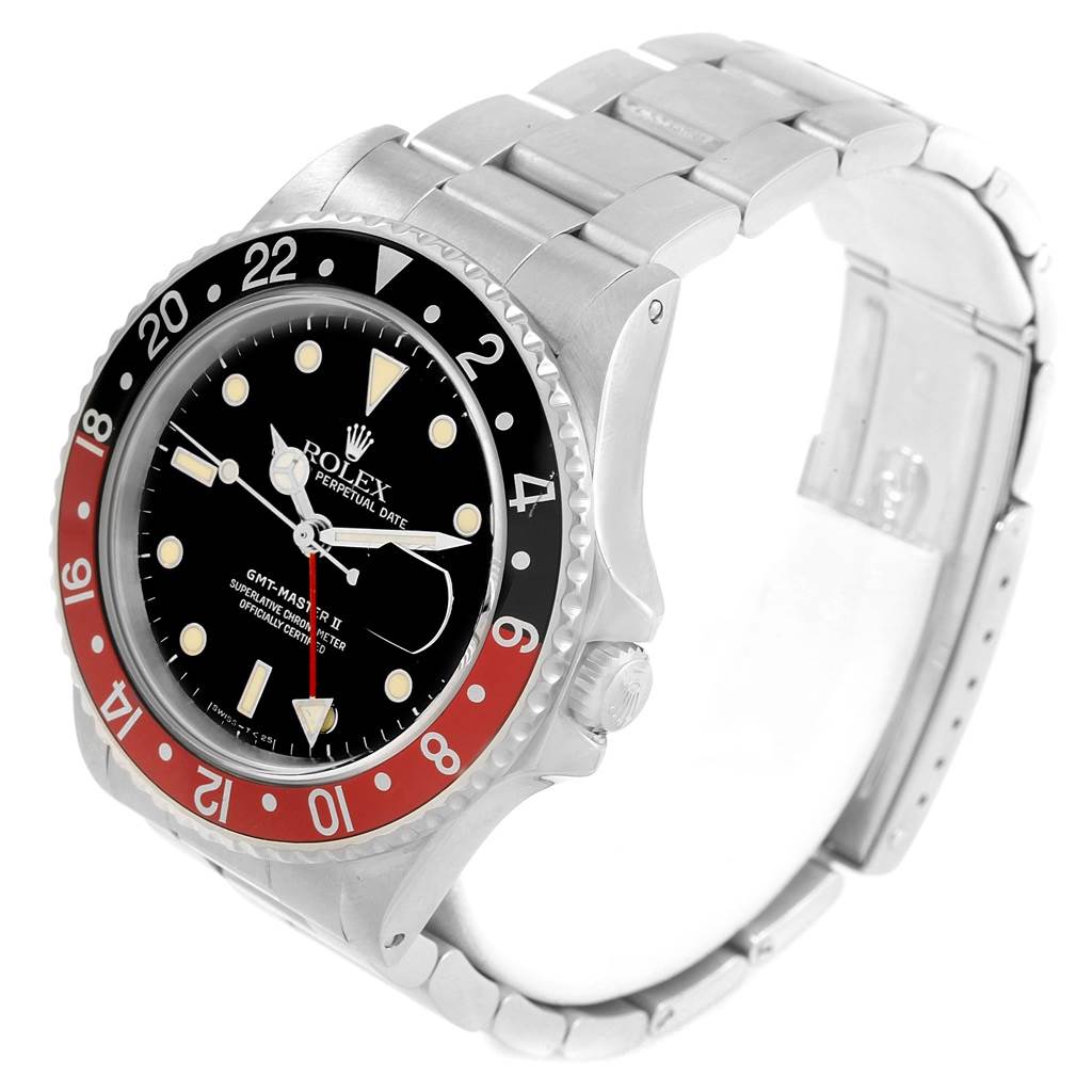 The image shows a Rolex Vintage Collection 16760 Men's Stainless Steel Black Dial 16760 Men's Stainless Steel Black Dial GMT-Master II watch, featuring its face, bezel, crown, and bracelet at an angle.