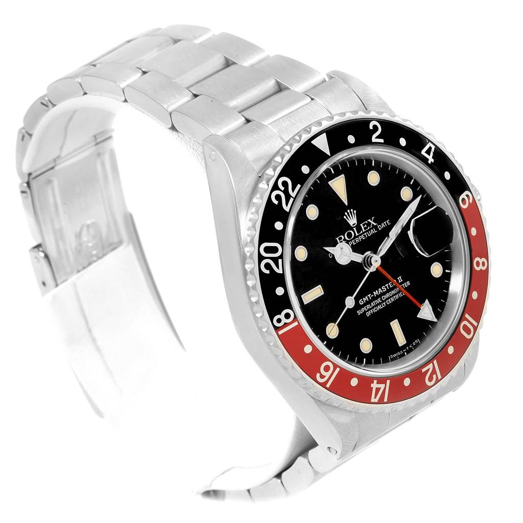 This image shows a side and front view of the Rolex Vintage Collection 16760 Men's Stainless Steel Black Dial 16760 Men's Stainless Steel Black Dial GMT-Master II watch.