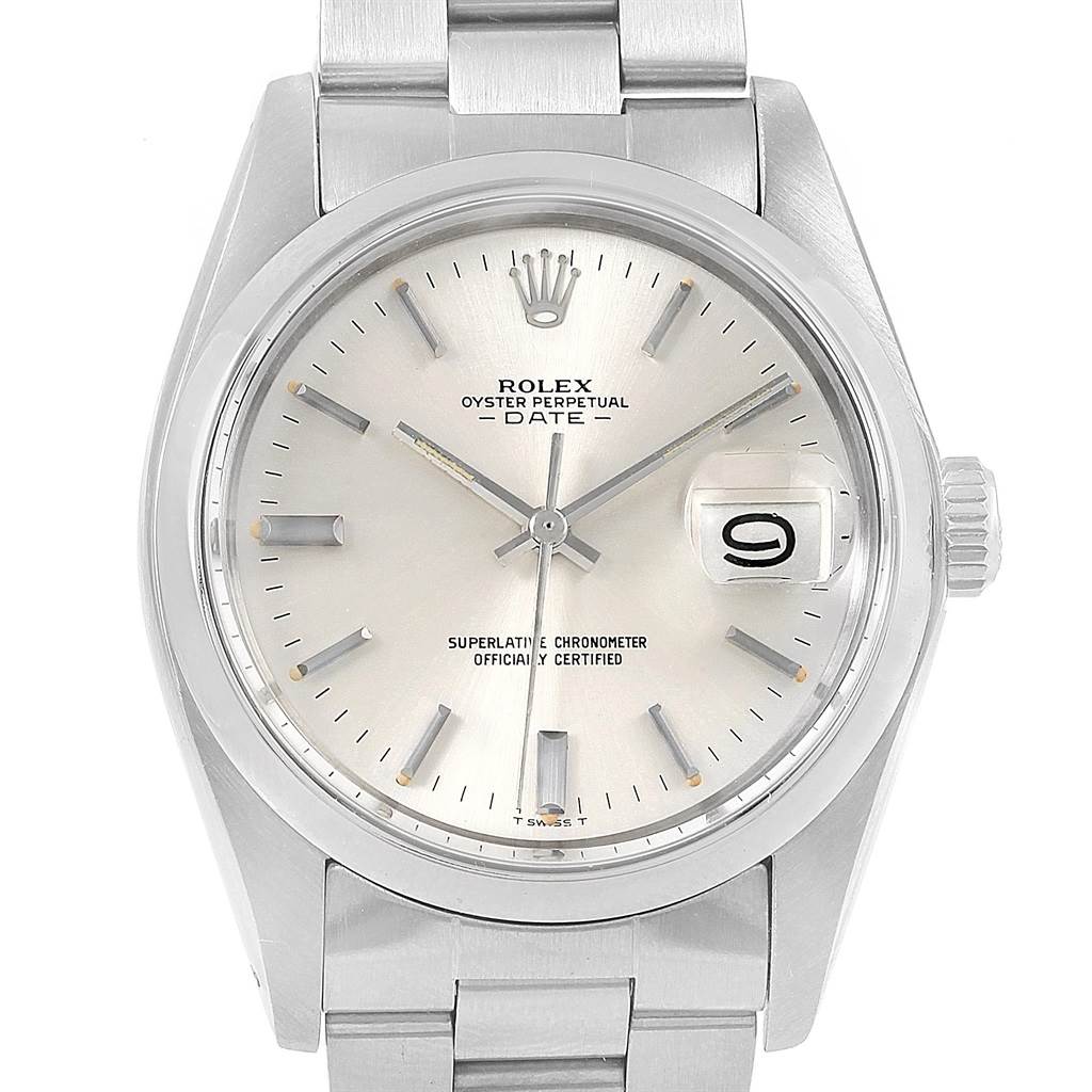The image shows a front view of the Rolex Vintage Collection 1500 Men's Stainless Steel Silver Dial 1500 Men's Stainless Steel Silver Dial Oyster Perpetual Date watch, highlighting the dial, hands, crown, and bracelet.