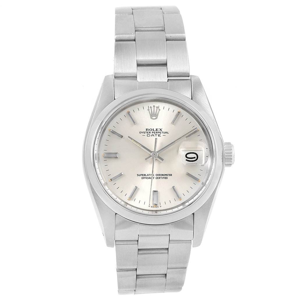 The image shows a front view of a Rolex Vintage Collection 1500 Men's Stainless Steel Silver Dial 1500 Men's Stainless Steel Silver Dial watch, displaying its silver dial, date window, and bracelet.