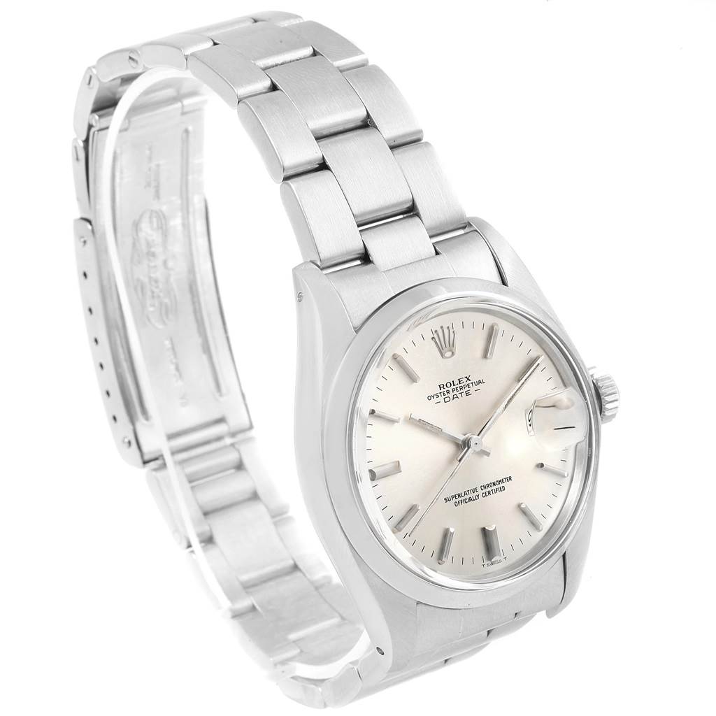 The image shows a side angle of the Rolex Vintage Collection 1500 Men's Stainless Steel Silver Dial 1500 Men's Stainless Steel Silver Dial model, highlighting the watch face, crown, and metallic bracelet.
