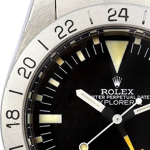 This image shows a close-up angle of the dial and bezel of a Rolex Vintage Collection 1655 Men's Stainless Steel Black Dial 1655 Men's Stainless Steel Black Dial Explorer watch.