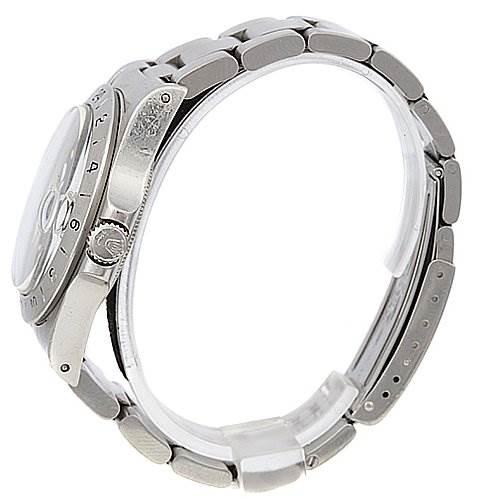 The image shows a side view of a Rolex Vintage Collection 1655 Men's Stainless Steel Black Dial 1655 Men's Stainless Steel Black Dial watch, highlighting the crown and part of the bracelet.