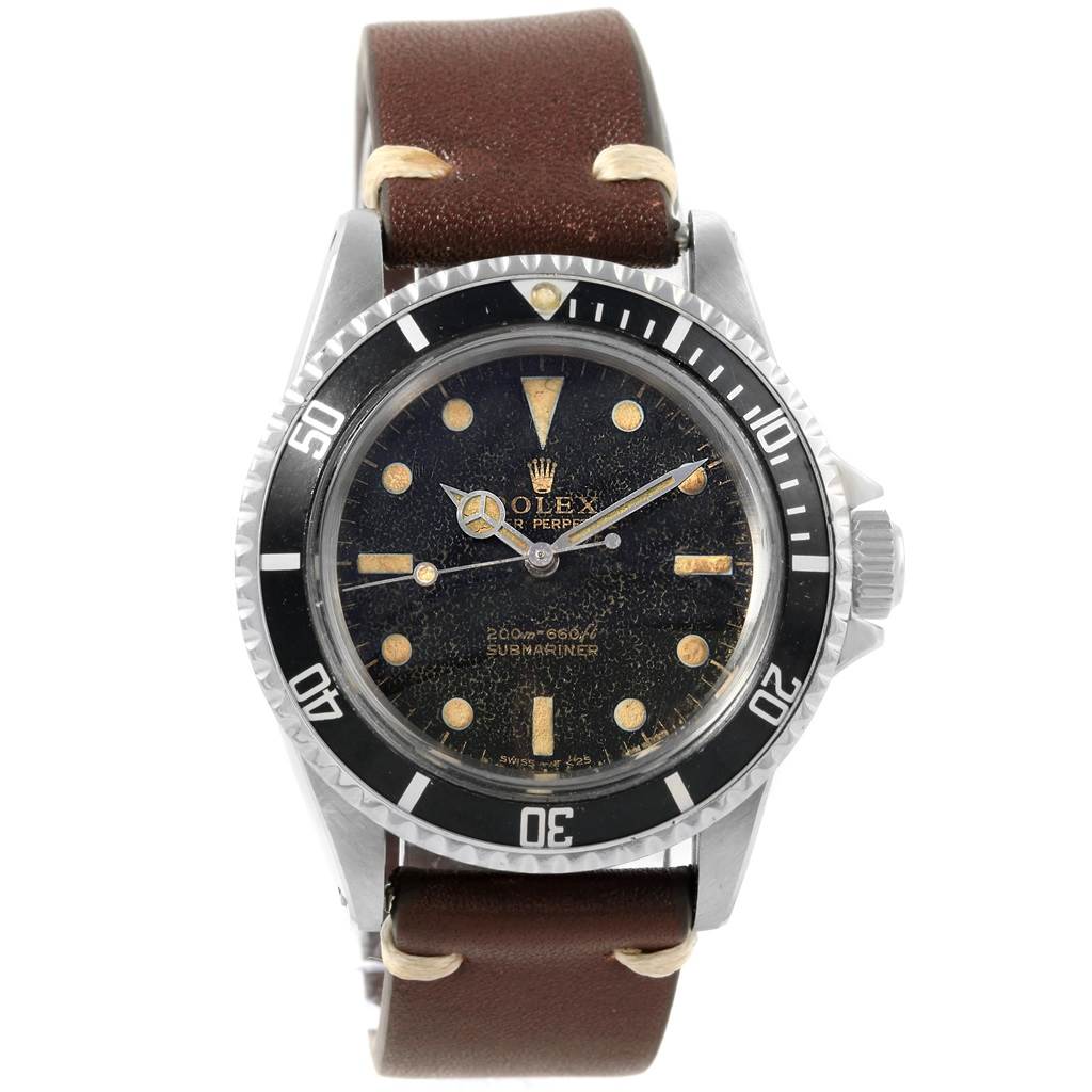 This image shows a front view of a Vintage Collection Rolex Submariner watch with a leather strap.