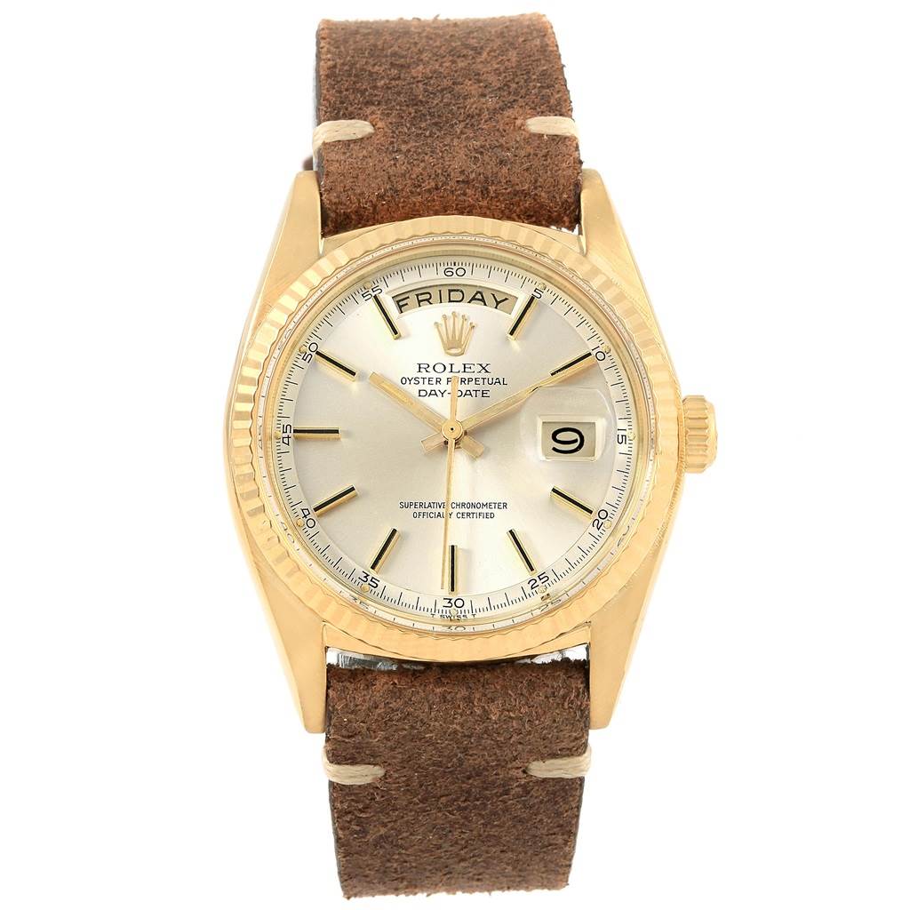 This is a front view of a Rolex Vintage Collection 1803 Men's Yellow Gold Silver Dial 1803 Men's Yellow Gold Silver Dial model, showing the watch face, hands, date, and brown leather strap.