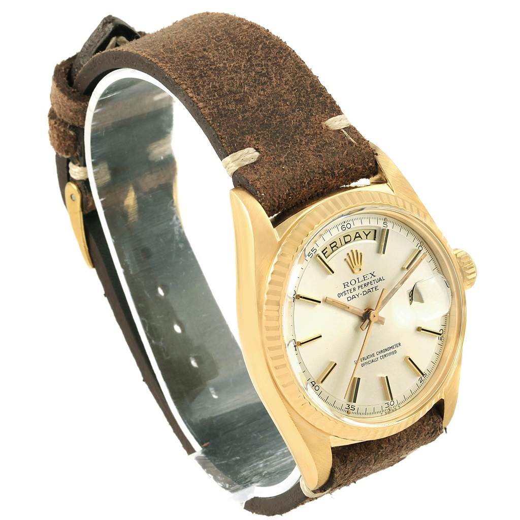 The image shows a Rolex Vintage Collection 1803 Men's Yellow Gold Silver Dial 1803 Men's Yellow Gold Silver Dial watch at a slight angle, highlighting the face, case, and brown leather strap.