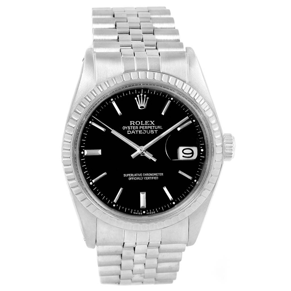 The Rolex Vintage Collection 1603 Men's Stainless Steel Black Dial 1603 Men's Stainless Steel Black Dial Datejust is shown from a front angle, displaying the face, bezel, bracelet, and crown.