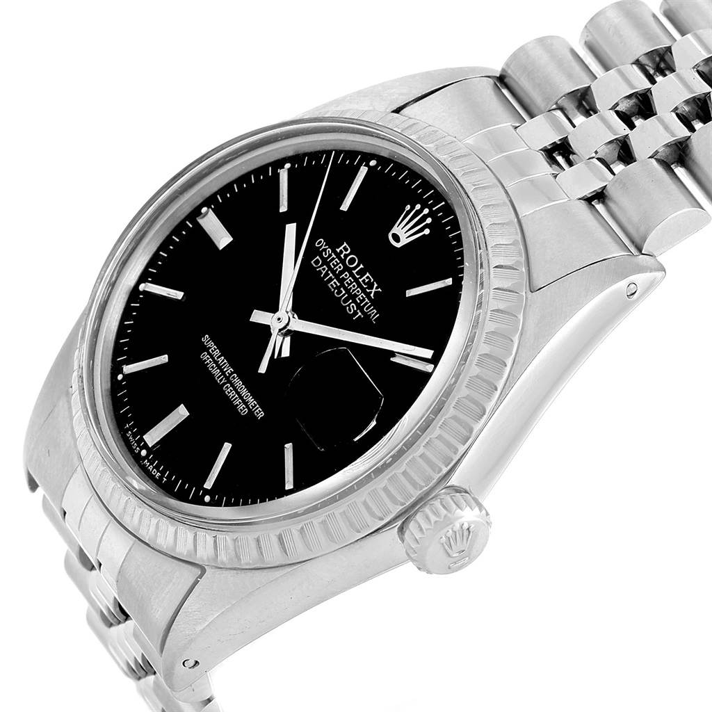This image shows a side view of a Rolex Vintage Collection 1603 Men's Stainless Steel Black Dial 1603 Men's Stainless Steel Black Dial Datejust watch, highlighting the face, crown, and part of the bracelet.