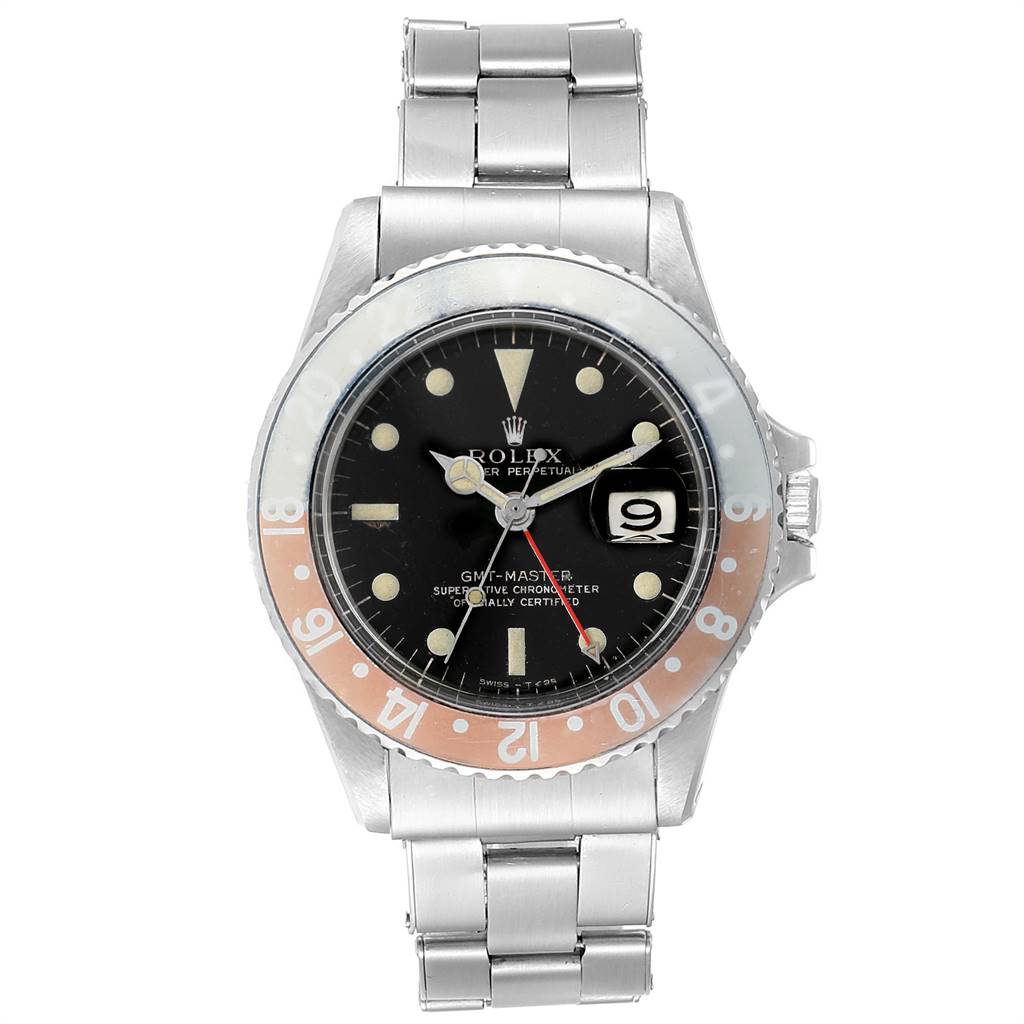 The image shows a front view of a Rolex Vintage Collection 1675 Men's Stainless Steel Black Dial 1675 Men's Stainless Steel Black Dial GMT-Master watch, displaying the dial, bezel, and part of the bracelet.